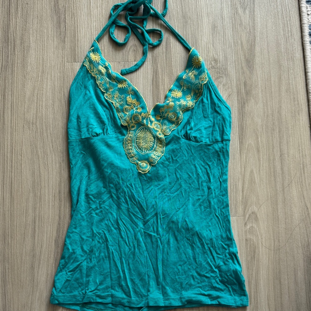 H &M Teal Halter Top with Gold Embroidery